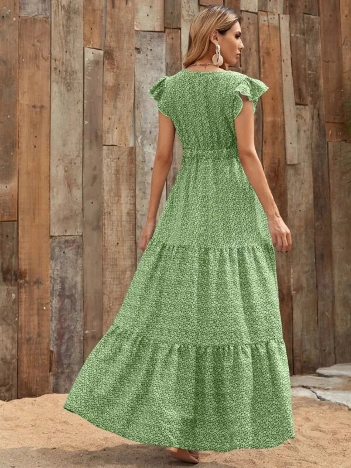 Printed V-Neck Ruffled Cap Sleeve Maxi Dress - Tigbul's Variety Fashion Shop