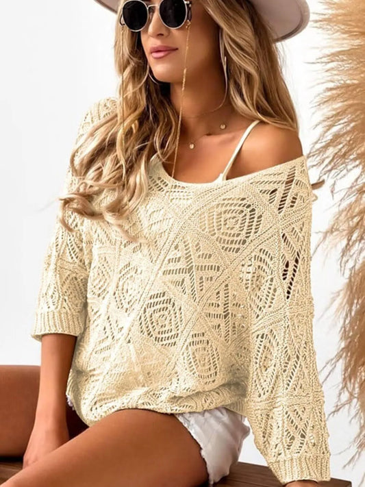 Openwork 3/4 Sleeve Knit Cover Up - Tigbul's Variety Fashion Shop
