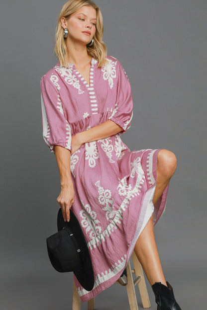 Umgee Printed Notched Midi Dress - Tigbul's Variety Fashion Shop