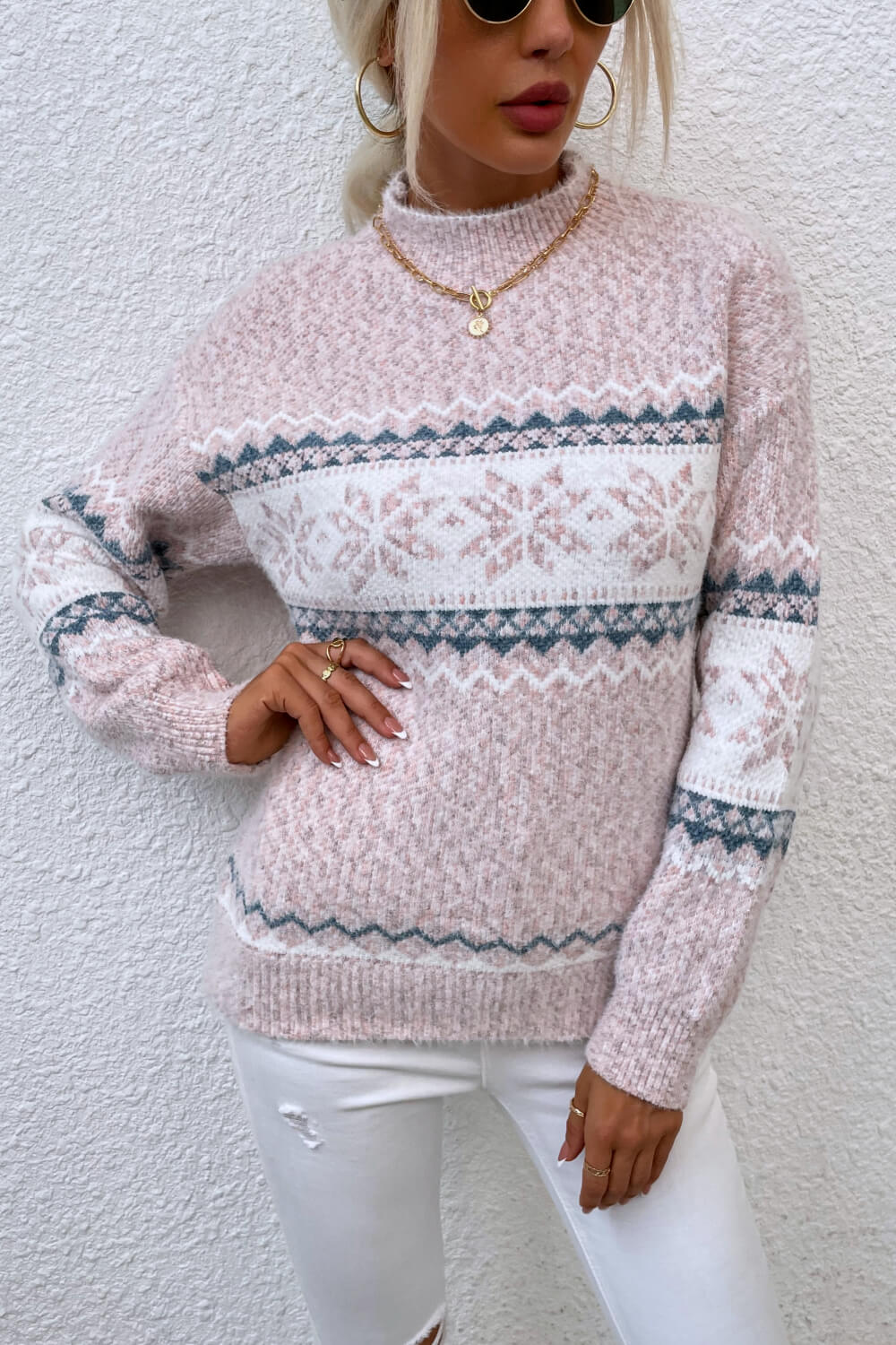 Snowflake Pattern Mock Neck Sweater - Tigbul's Variety Fashion Shop