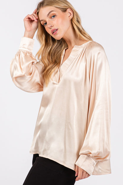 SAGE + FIG Notched Long Sleeve Blouse - Tigbul's Variety Fashion Shop