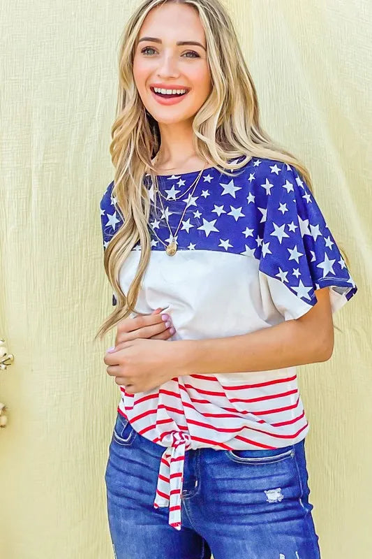 American Flag Print Tie Knot Front Casual Top - Tigbul's Variety Fashion Shop