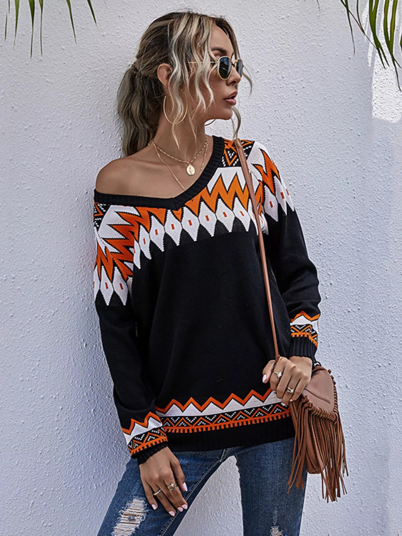 Geometric Pattern V-Neck Sweater - Tigbul's Variety Fashion Shop
