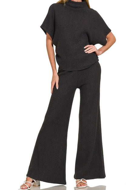 Black Wide Leg Flare Sweater Pants - Tigbul's Variety Fashion Shop