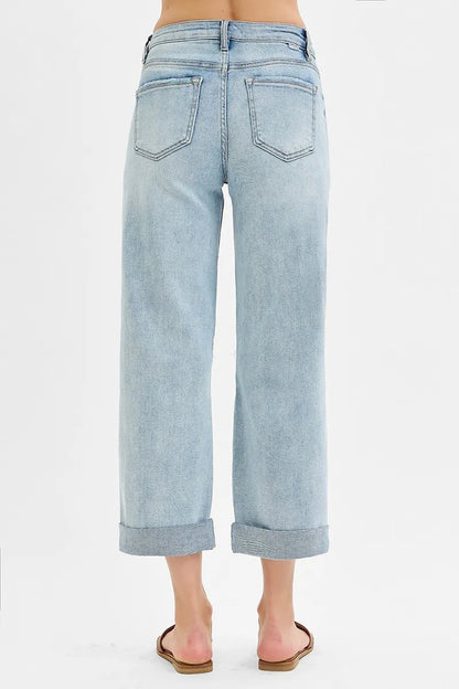 RISEN Full Size Mid Rise Fit Boyfriend Jeans with Cuff Plus Size - Tigbul's Variety Fashion Shop