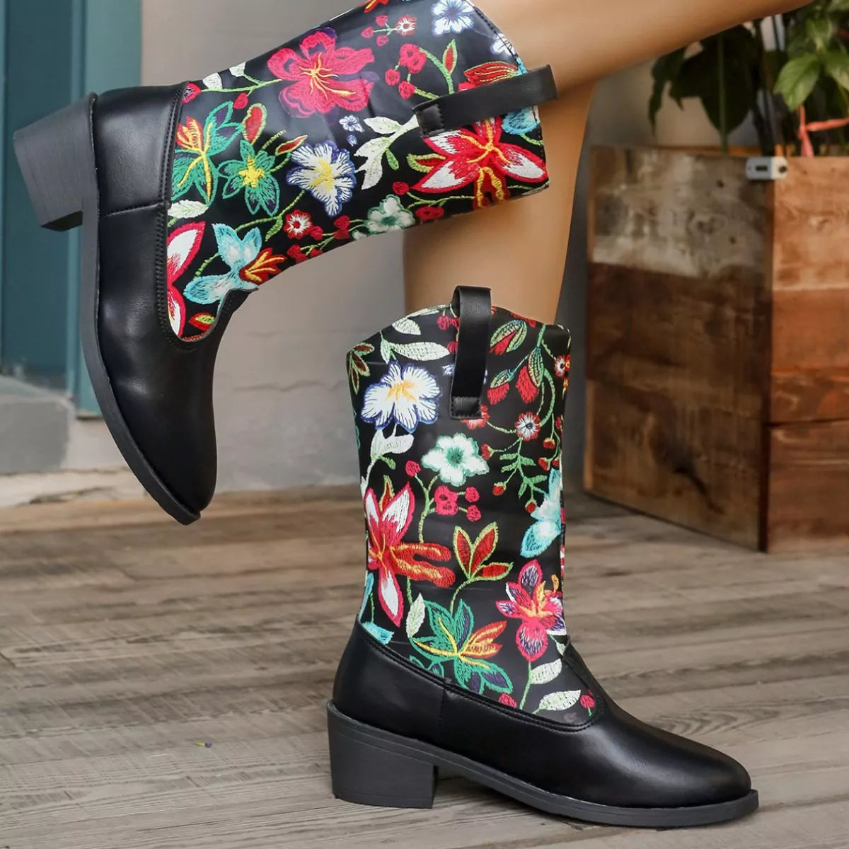 Floral Block Heel Boots - Tigbul's Variety Fashion Shop