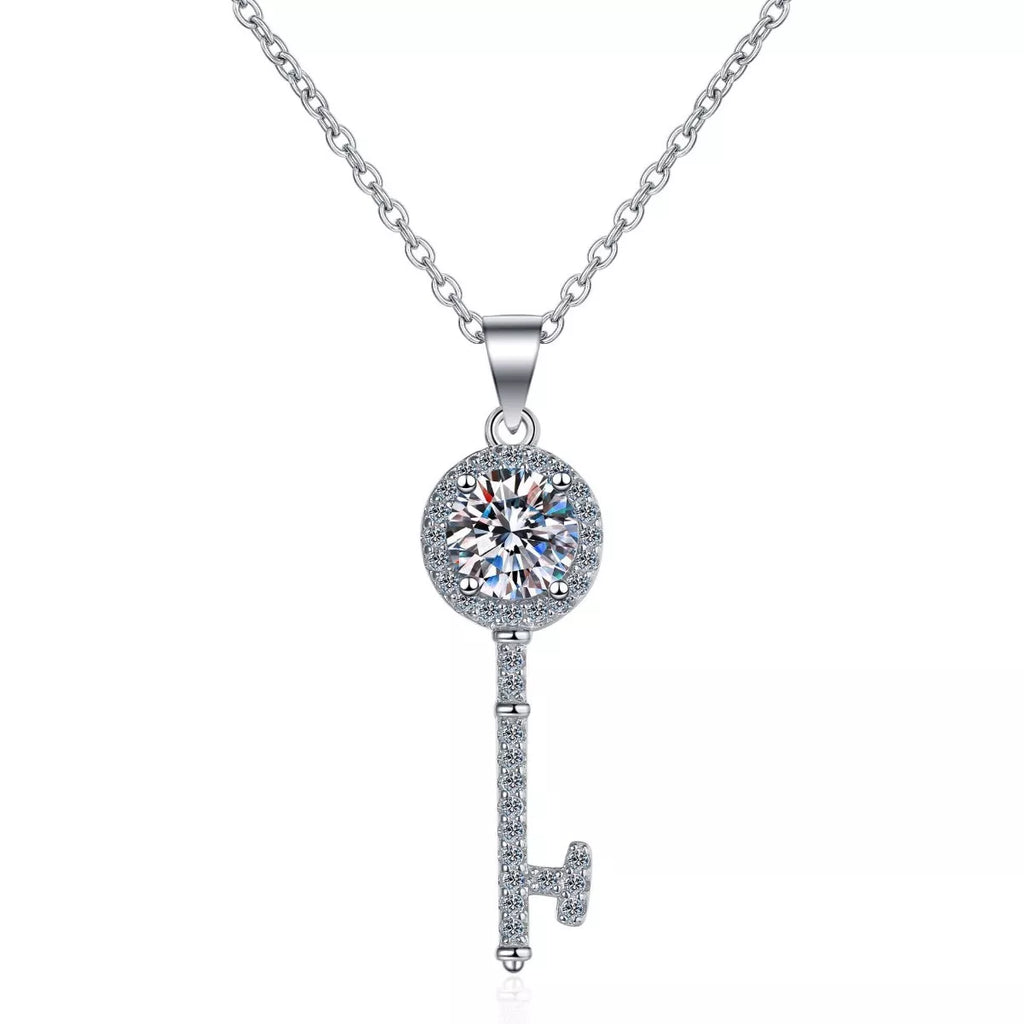 Sterling silver moissanite key pendant necklace, round bezel halo with key-shaped charm