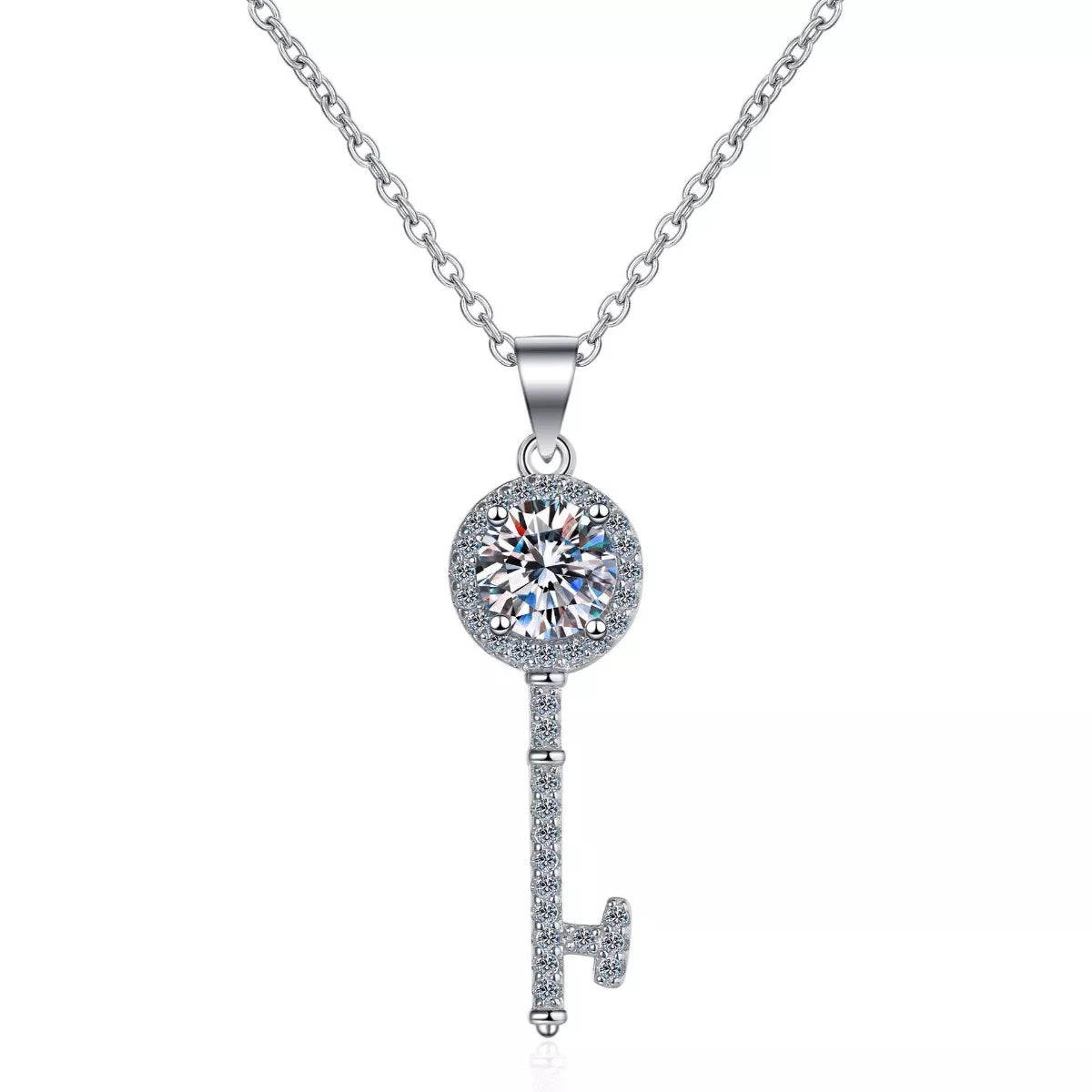 Sterling silver moissanite key pendant necklace, round bezel halo with key-shaped charm