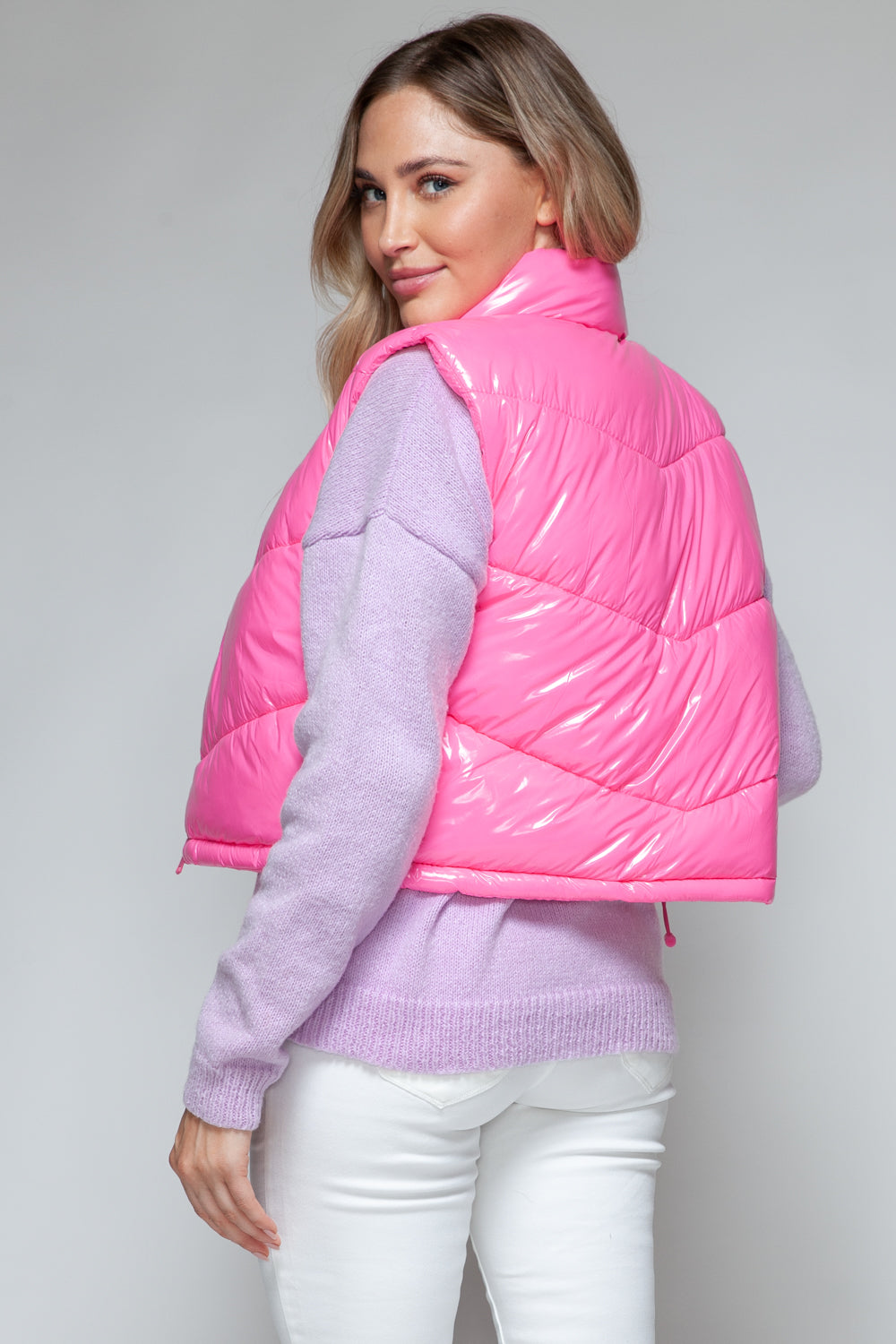 Hot Pink Zip Up Turtleneck Shiny Quilted Vest - Tigbul's Variety Fashion Shop