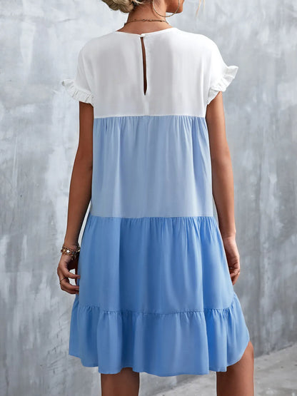 Color Block Round Neck Short Sleeve Dress - Tigbul's Variety Fashion Shop