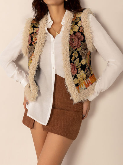 Embroidered Fuzzy Trim Open Front Vest Coat - Tigbul's Variety Fashion Shop