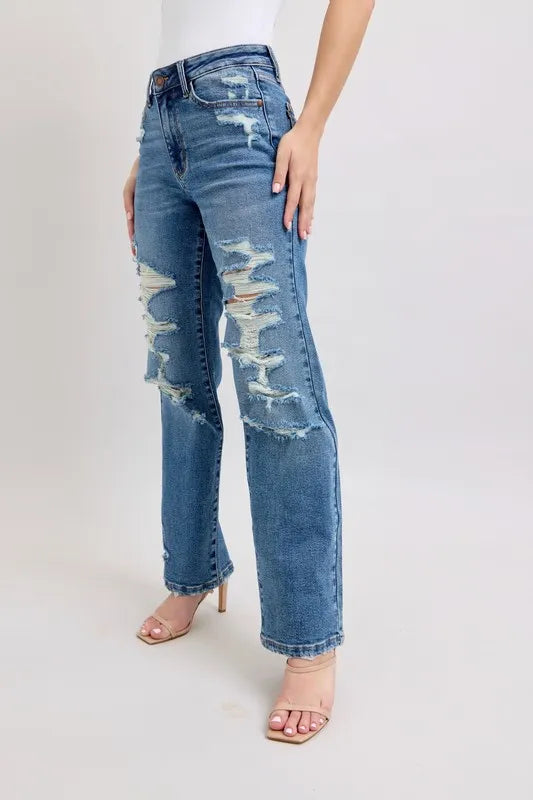 Judy Blue Full Size High Waist Heavy Destroy Straight Jeans Plus Size - Tigbul's Variety Fashion Shop