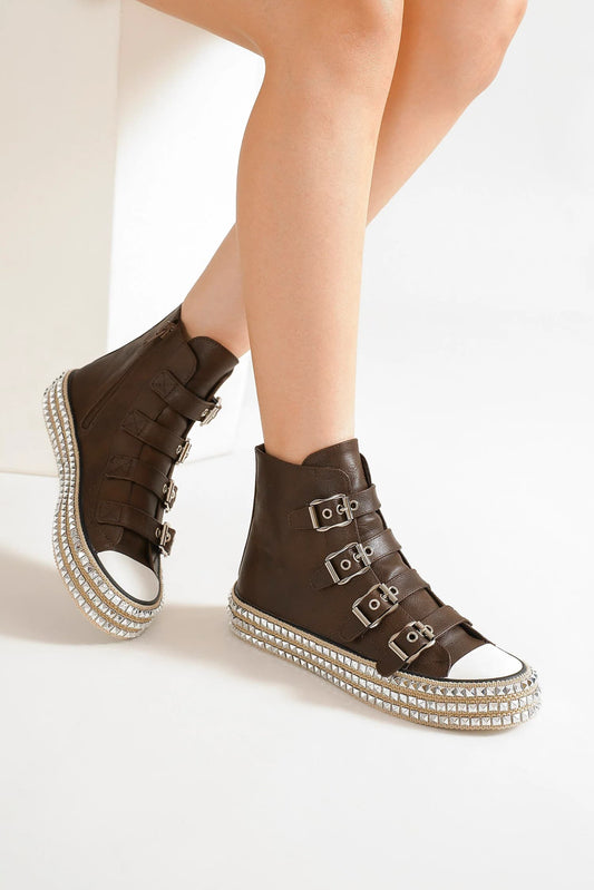 Dark Brown Multi-Buckle Straps Studded Platform Sneakers - Tigbul's Variety Fashion Shop