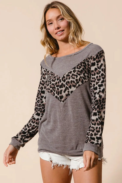 BiBi Sweater Knit Top With Leopard V Shape Block - Tigbul's Variety Fashion Shop