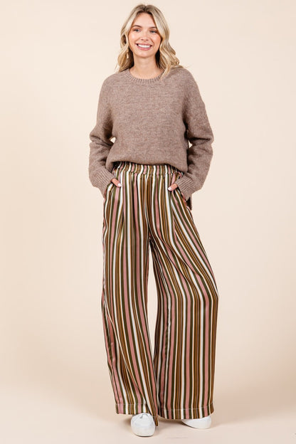 Striped Satin Elastic Waist Wide Leg Pants - Tigbul's Variety Fashion Shop