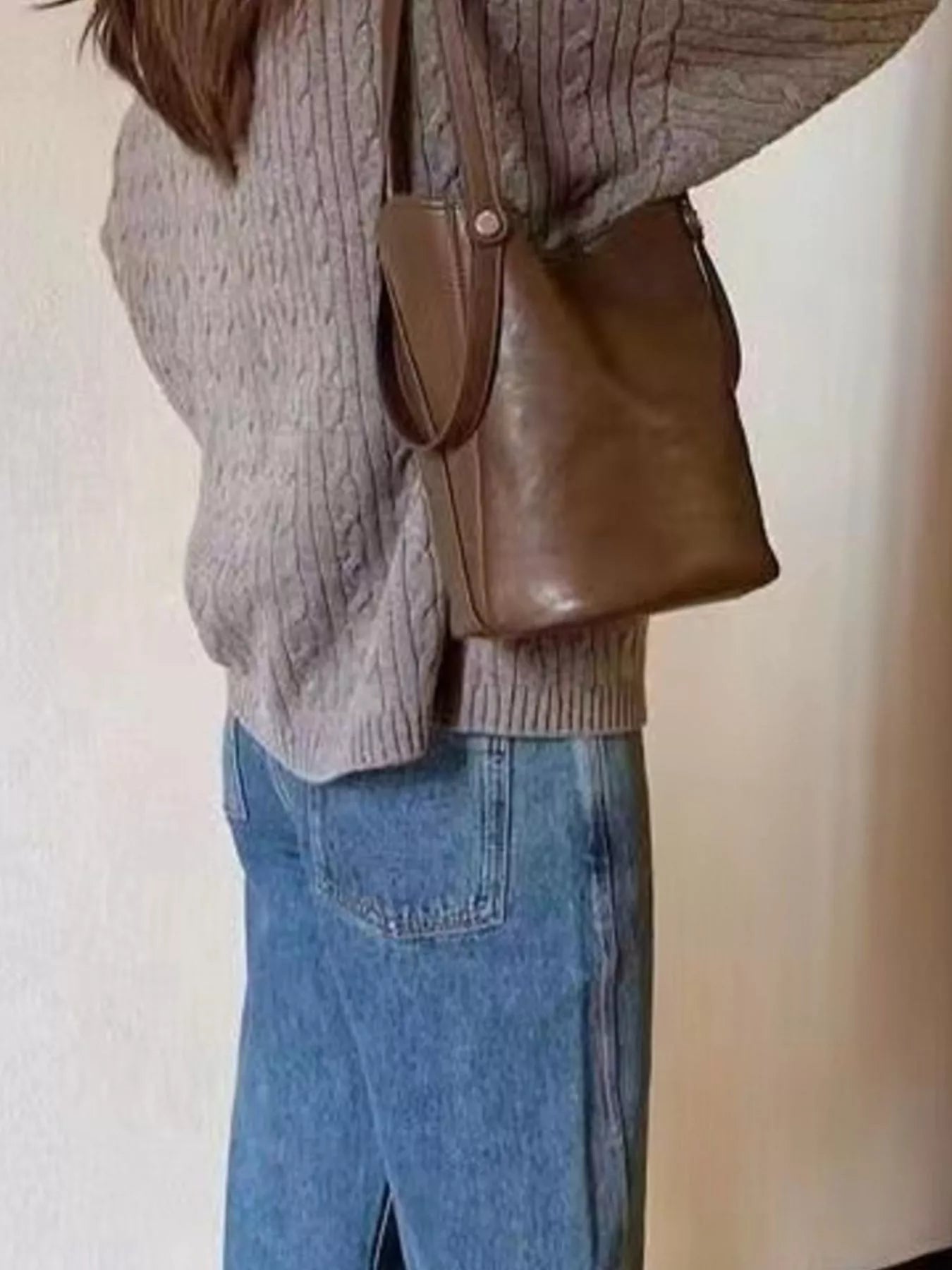 Brown Faux Leather Bucket Tote Bag - Tigbuls Variety Fashion Shop