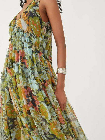 Printed V-Neck Sleeveless Dress - Tigbul's Variety Fashion Shop