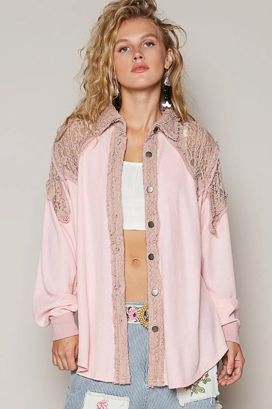 POL Lace Patchwork Button Up Shacket - Tigbul's Variety Fashion Shop