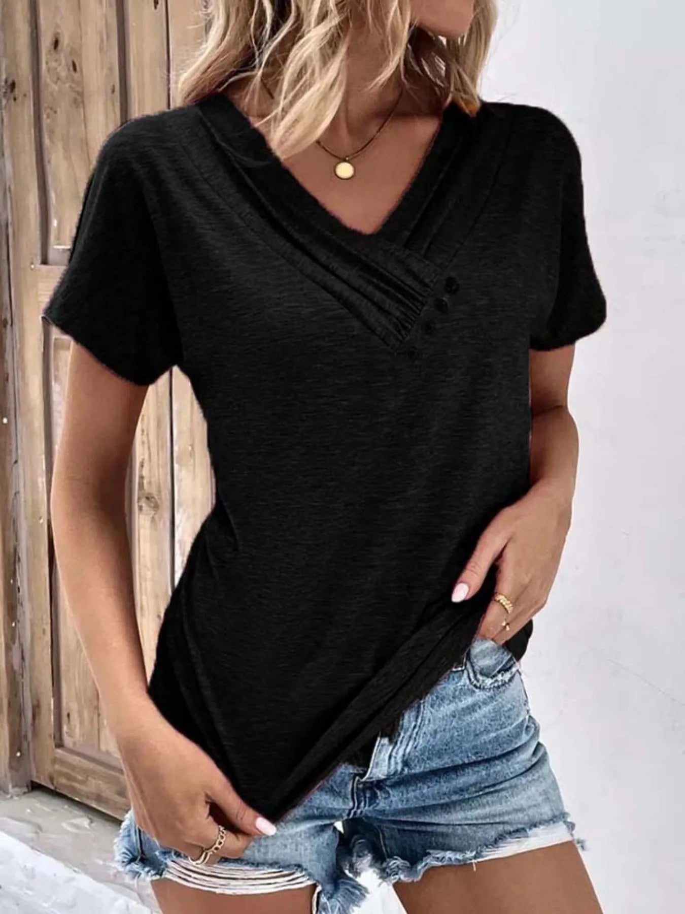 Decor Button Short Sleeve T-Shirt - Tigbul's Variety Fashion Shop