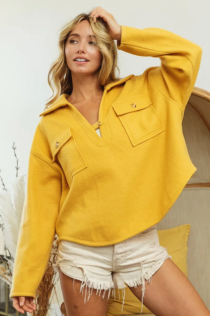 BiBi Flap Pockets Fleece Collared Sweatshirt - Tigbul's Variety Fashion Shop
