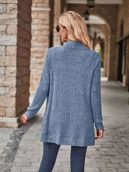 Ribbed Open Front Long Cardigan with Pockets - Tigbul's Variety Fashion Shop