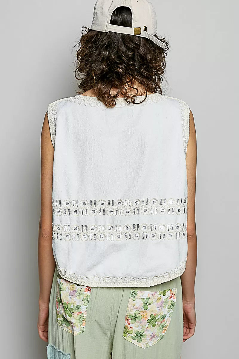 White Embroidered Floral V-Neck Button Down Crochet Vest | Tigbuls