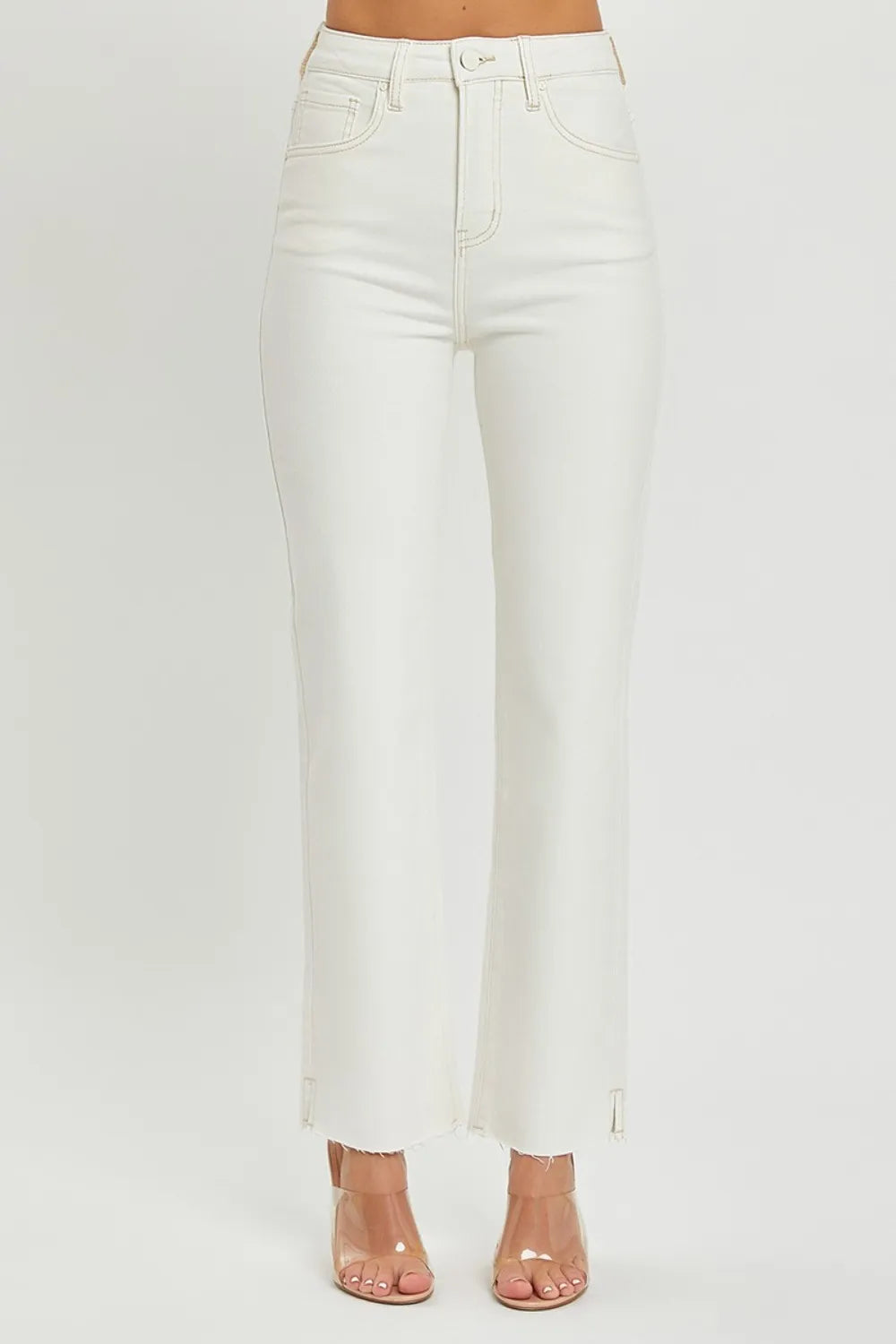 Size 1XL High Rise Cream Color Tummy Control Straight Jeans | Tigbuls