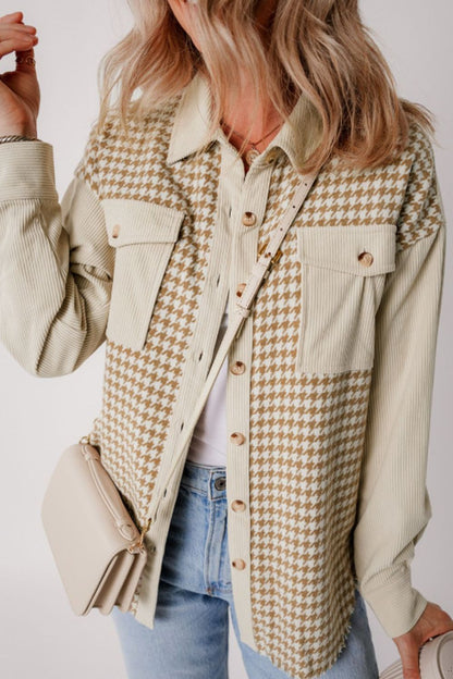 Beige Houndstooth Button Up Long Sleeve Jacket - Tigbul's Variety Fashion Shop