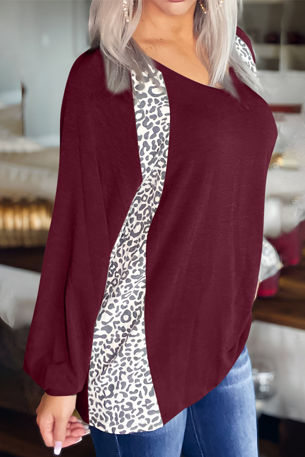 Full Size Leopard V-Neck Long Sleeve T-Shirt - Tigbul's Variety Fashion Shop