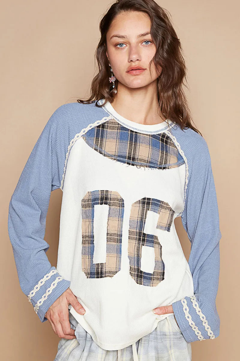 POL Plaid Number 06 Raglan Sleeve T-Shirt - Tigbul's Variety Fashion Shop