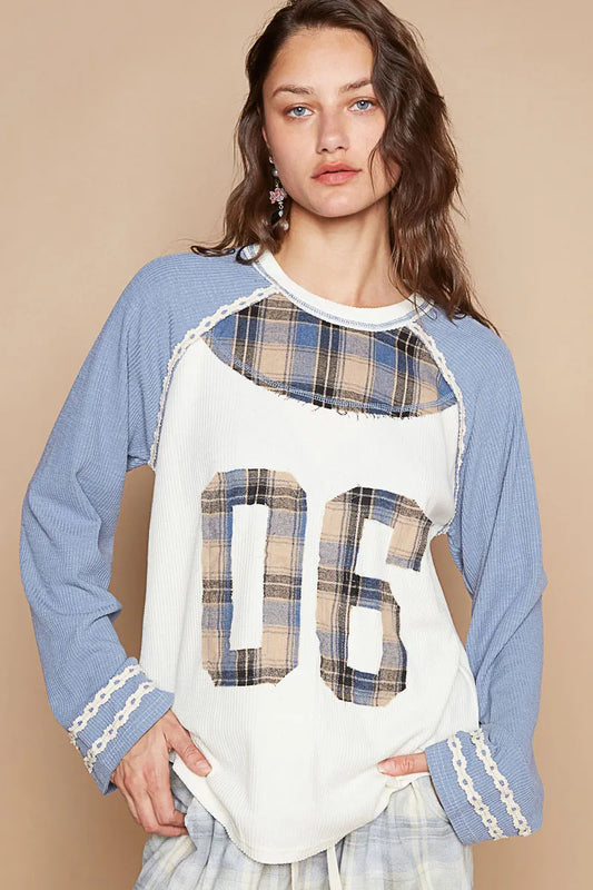 POL Plaid Number 06 Raglan Sleeve T-Shirt - Tigbul's Variety Fashion Shop