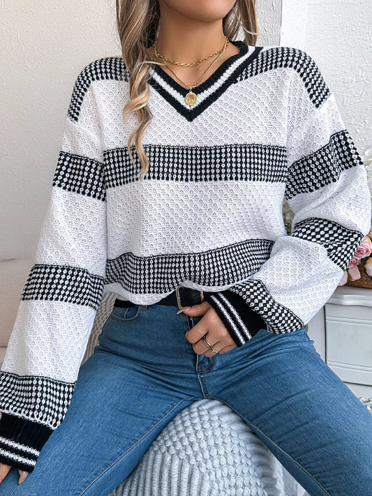 Contrast Striped V-Neck Sweater - Tigbul's Variety Fashion Shop