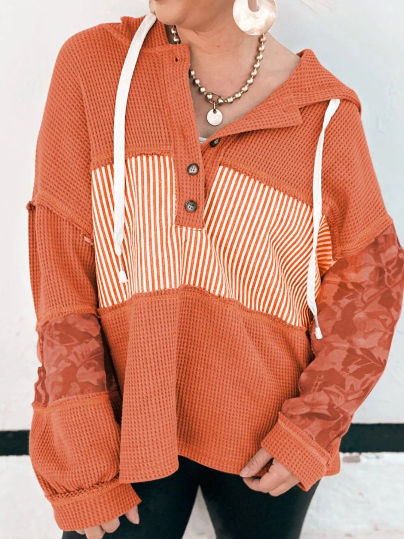 Waffle Knit Color Block Striped Drawstring Hoodie - Tigbul's Variety Fashion Shop
