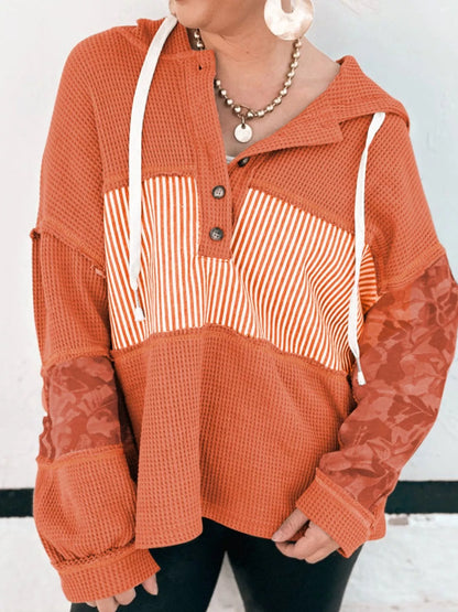 Waffle Knit Color Block Striped Drawstring Hoodie - Tigbul's Variety Fashion Shop