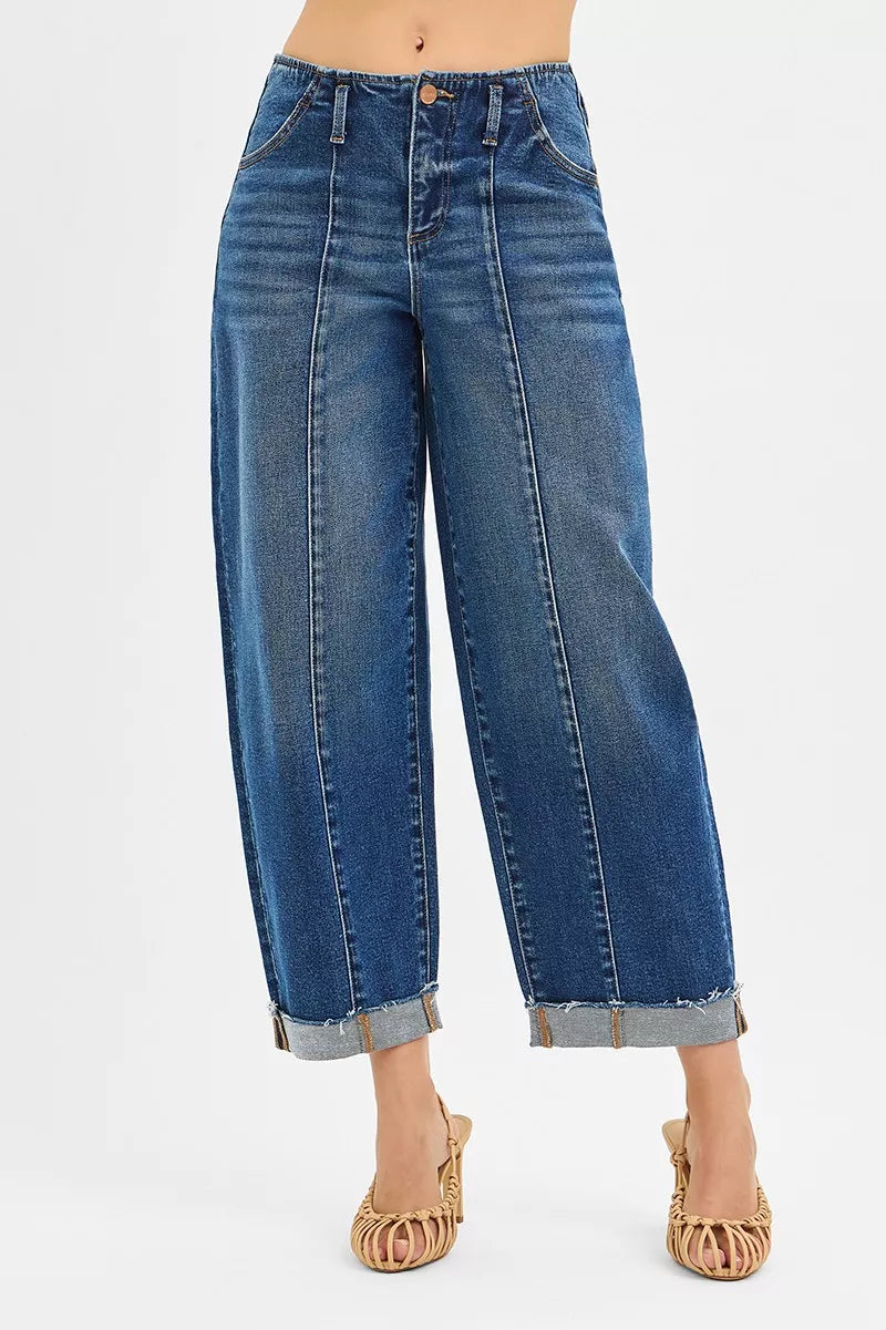 RISEN High Rise Fit Barrel Cuffed Jeans - Tigbul's Variety Fashion Shop