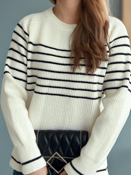 Striped Round Neck Long Sleeve Sweater - Tigbul's Variety Fashion Shop