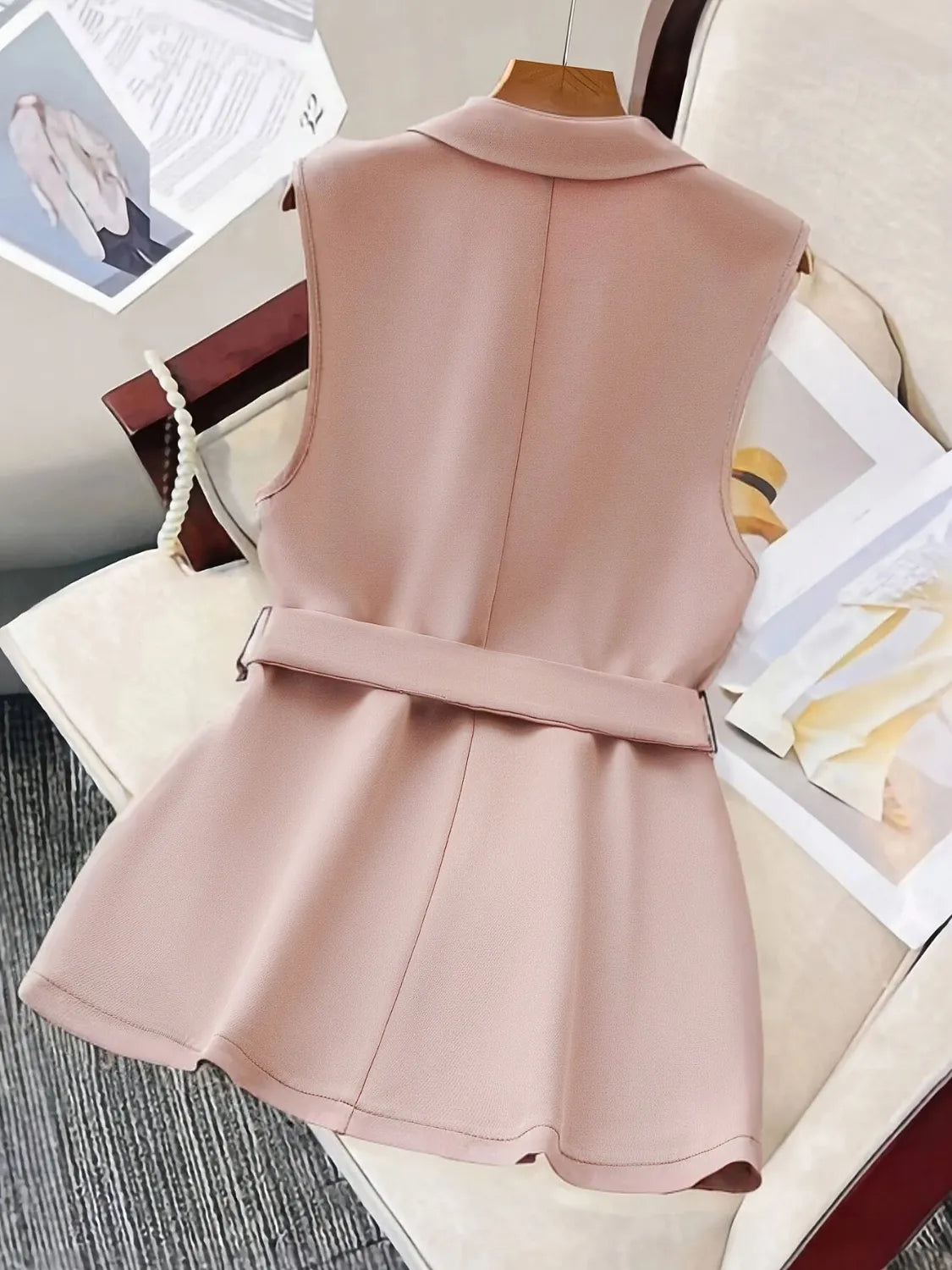 Tie Waist Lapel Collar Sleeveless Blazer - Tigbul's Variety Fashion Shop