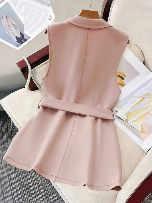 Tie Waist Lapel Collar Sleeveless Blazer - Tigbul's Variety Fashion Shop