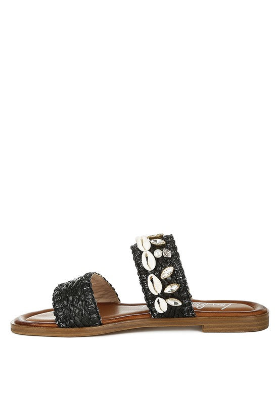 Seashell Raffia Slip on Flat Sandals - Tigbul's Variety Fashion Shop