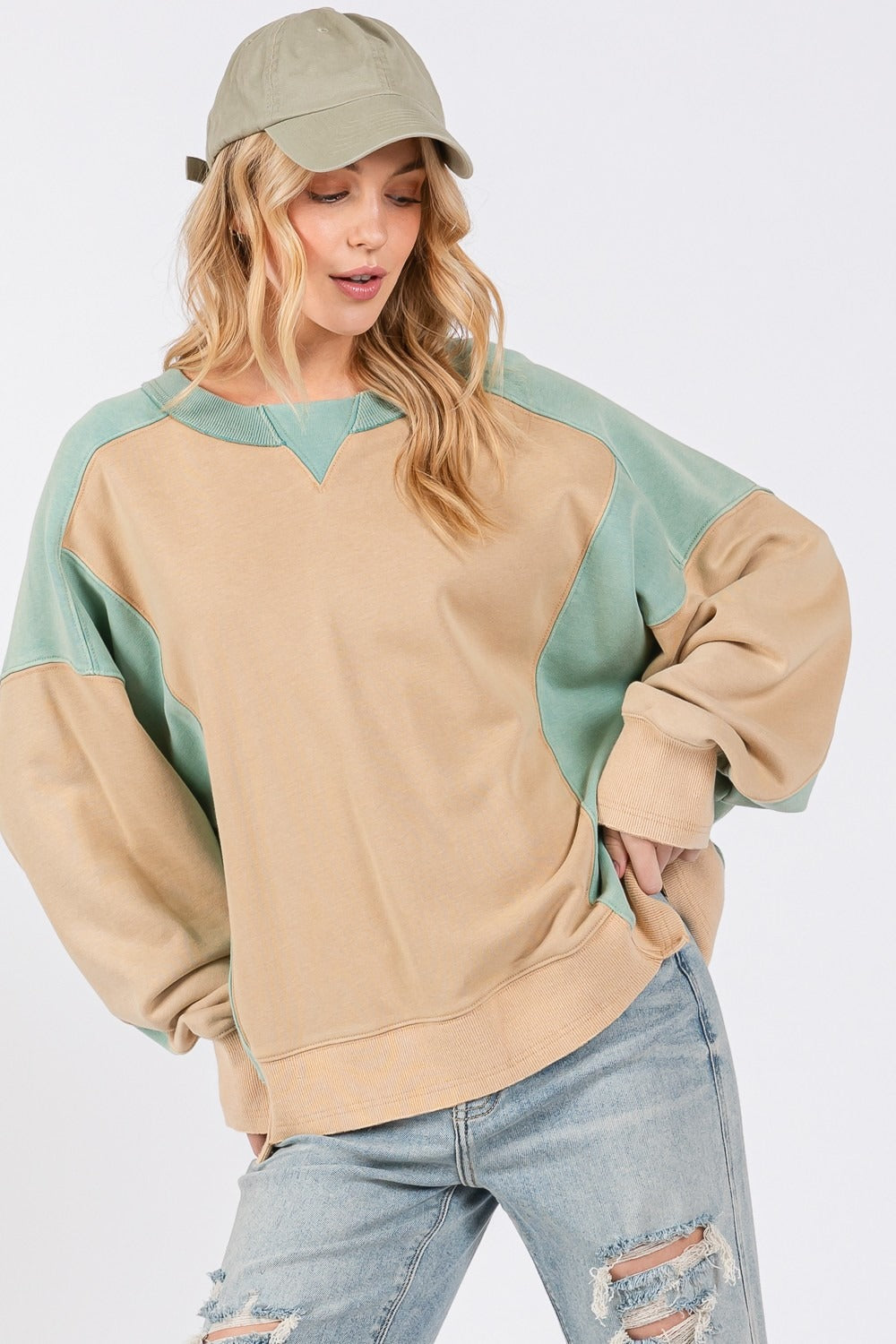 SAGE + FIG Color Block Round Neck Sweatshirt - Tigbul's Variety Fashion Shop