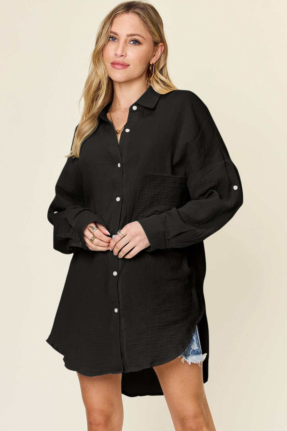 Pocketed Texture Button Up Shirt - Tigbul's Variety Fashion Shop