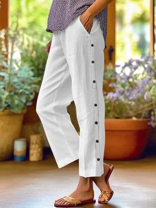 Full Size Side Decor Button Casual Wide Leg Pants Plus Size - Tigbul's Variety Fashion Shop