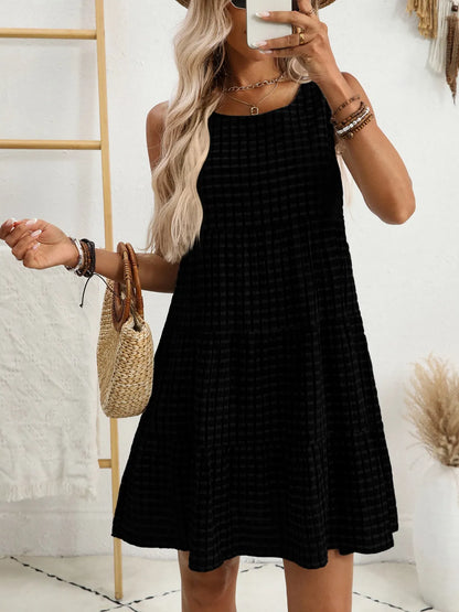 Plaid Round Neck Sleeveless Mini Dress - Tigbul's Variety Fashion Shop