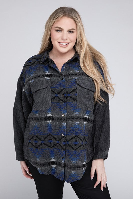 Plus Printed Button Down Long Sleeve Jacket - Tigbul's Variety Fashion Shop