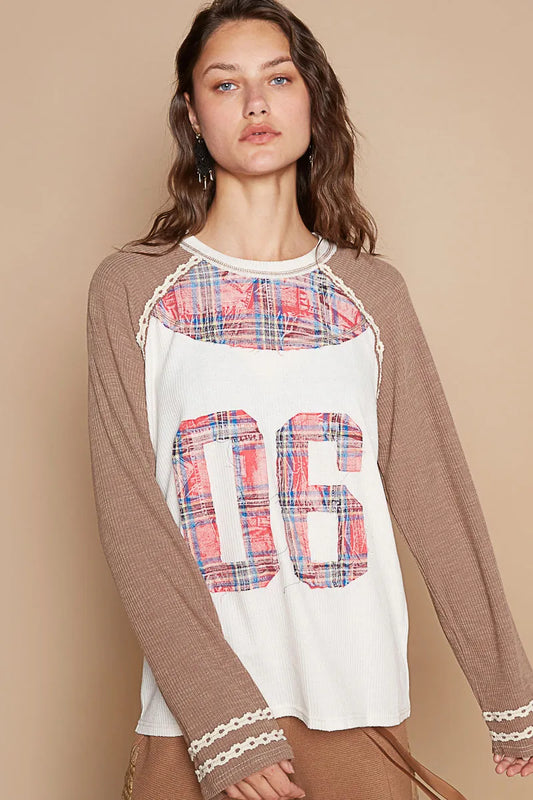 POL Plaid Number 06 Raglan Sleeve T-Shirt - Tigbul's Variety Fashion Shop