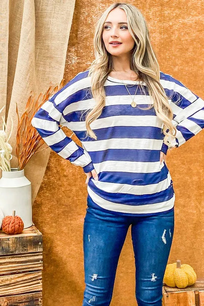 Stripe Twist Back Loose Navy Top - Tigbul's Variety Fashion Shop