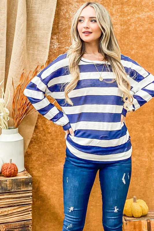 Stripe Twist Back Loose Navy Top - Tigbul's Variety Fashion Shop
