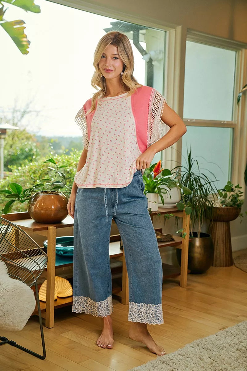 Washed Denim Elastic Waist Flower Lace Trim Pants | Tigbuls