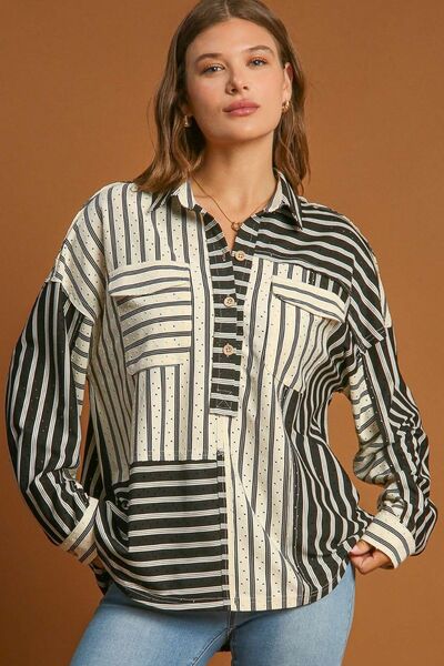 Black Pointelle Stripped Half Button Collared Neck Top - Tigbul's Variety Fashion Shop