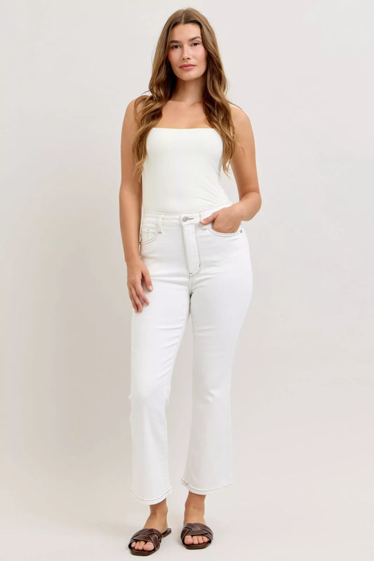 Judy Blue Contrast Stitching Cropped Flare White Jeans | Tigbuls